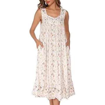 AVIIER Cotton Nightgowns for Women Sleeveless House Dress Ladies Long Nightdress with Pockets (White...