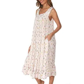 AVIIER Cotton Nightgowns for Women Sleeveless House Dress Ladies Long Nightdress with Pockets (White flowers, Large)…