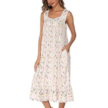 AVIIER Cotton Nightgowns for Women Sleeveless House Dress Ladies Long Nightdress with Pockets (White flowers, Large)…