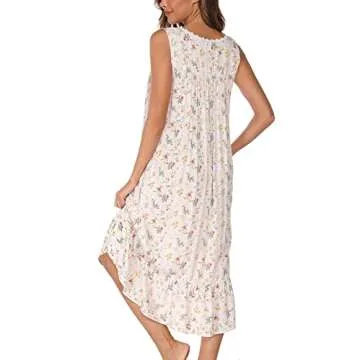 AVIIER Cotton Nightgowns for Women Sleeveless House Dress Ladies Long Nightdress with Pockets (White flowers, Large)…