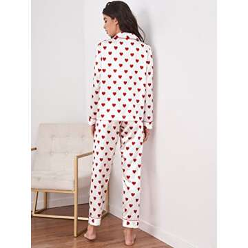 WDIRARA Women's Heart Print Satin Pajama Set - Chic Loungewear Unleashed! Long Sleeve, Button-Up Des...