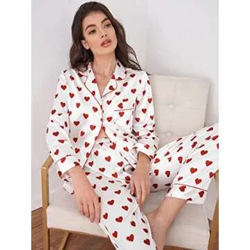 WDIRARA Women's Heart Print Satin Pajama Set
