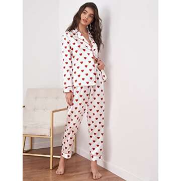 WDIRARA Women's Heart Print Satin Pajama Set