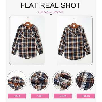 Dokotoo Hooded Shacket Jacket Women Fashion Plaid Flannel Shirts Fleece Lined Long Sleeve Button Up Jackets Sherpa Fuzzy Thick Coats Vintage 2024 Fall Warm Winter Oversized Coat Outwear Blue S