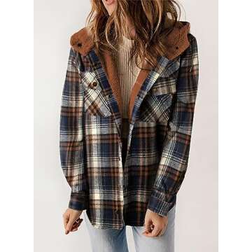 Dokotoo Hooded Shacket Jacket Women Fashion Plaid Flannel Shirts Fleece Lined Long Sleeve Button Up Jackets Sherpa Fuzzy Thick Coats Vintage 2024 Fall Warm Winter Oversized Coat Outwear Blue S