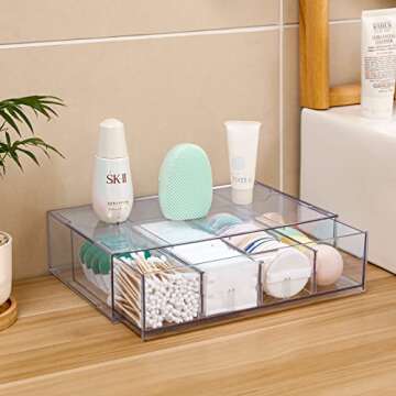 Yesesion Clear Makeup Brush Holder for Vanity, Plastic Lipsticks Organizer with Drawer, Adjustable Bathroom Storage for Sponges, Cotton Pads, Beauty Tools, Hair Accessories
