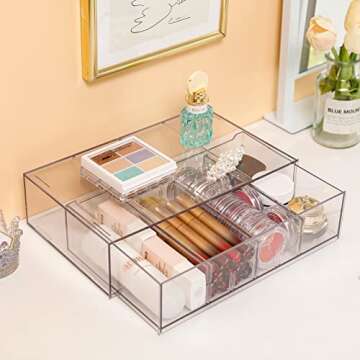 Yesesion Clear Makeup Brush Holder for Vanity, Plastic Lipsticks Organizer with Drawer, Adjustable Bathroom Storage for Sponges, Cotton Pads, Beauty Tools, Hair Accessories