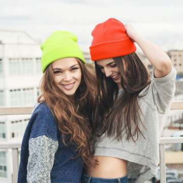 SATINIOR womens 6 Pieces Neon Acrylic Watch Plain Knit Long Beanie Bachelorette Party Favors, Halloween Decorations Hat, Orange, Medium