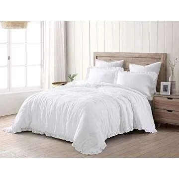 Chezmoi Collection Nora 3-Piece Ruffled Edge Trim Soft Washed Microfiber Comforter Set (Queen, White)