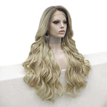 Pinkshow Ombre Blonde Lace Front Wigs Natural Wavy Synthetic Wig for Women Dark Root Blonde Heat Resistant Wig