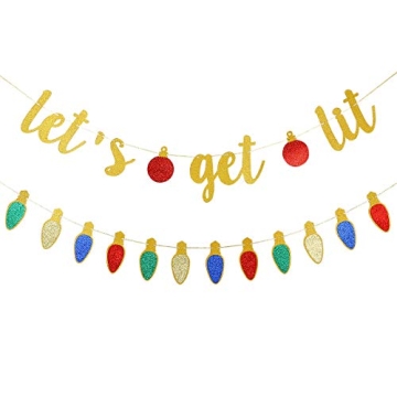 Gold Lets Get Lit Banner Christmas Party Banner, Let's Get Lit Garland Christmas Holiday Banner for Ugly Christmas Sweater Party Decorations, Merry Friendsmas Christmas Party Decorations