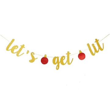 Gold Lets Get Lit Banner Christmas Party Banner, Let's Get Lit Garland Christmas Holiday Banner for Ugly Christmas Sweater Party Decorations, Merry Friendsmas Christmas Party Decorations