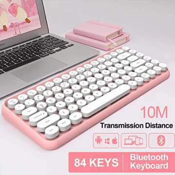 FELICON Wireless Bluetooth Keyboard, Mini Portable 84-Key Typewriter Retro Round Keycaps Keyboard,Compatible with Android, Windows, PC, Tablet-Dark, Perfer for Home and Office Keyboards(Pink)
