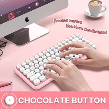 FELICON Wireless Bluetooth Keyboard, Mini Portable 84-Key Typewriter Retro Round Keycaps Keyboard,Compatible with Android, Windows, PC, Tablet-Dark, Perfer for Home and Office Keyboards(Pink)