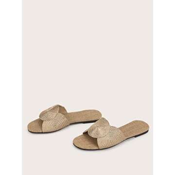 OYOANGLE Women's Round Decor Open Toe Flat Sandals Solid Casual Summer Outdoor Boho Beach Slides Khaki 7.5