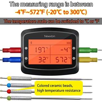Newxton Bluetooth Grill Meat Thermometer with 4 Color Probes, Digital Instant Read, Food Cooking Thermometer for Smoker, Oven, BBQ, Remote control via iOS, Android, 192 feet Range