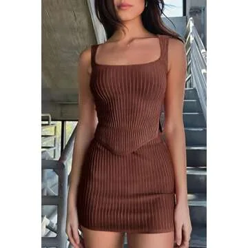 CHYRII Womens Sexy Summer Two Piece Outfits Square Neck Going Out Crop Tops Bodycon Skirt Sets Mini Dress Coffee M
