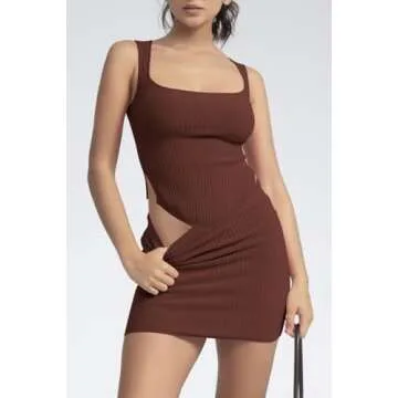 CHYRII Womens Sexy Summer Two Piece Outfits Square Neck Going Out Crop Tops Bodycon Skirt Sets Mini Dress Coffee M