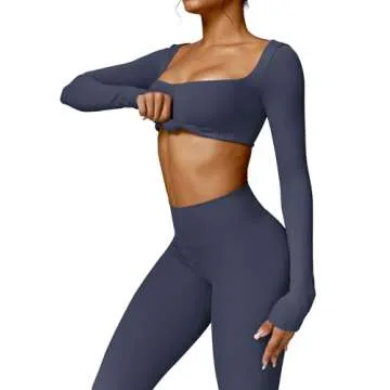 YEOREO Kyla Women Crop Top Long Sleeve Padded Sports Low Medium Impact Yoga Shirt Workout Navy XL
