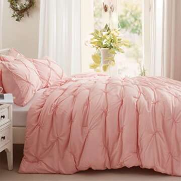 Anluoer Queen Comforter Set -Pintuck Down Alternative Comforters with 2 Pillow Shams, Soft Queen Size Bedding Comforter Sets Lightweight All Season (Pink,88x88 inches, 3 Pieces)