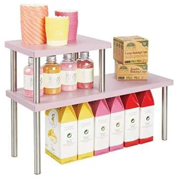 mDesign Modern Metal 3-Tier Kitchen Countertop and Pantry Cabinet Storage Shelf Organizer Stand for Storing Mugs, Bowls, Spices, Baking Supplies - Free Standing, 2 Shelves - Blush Pink/Brushed