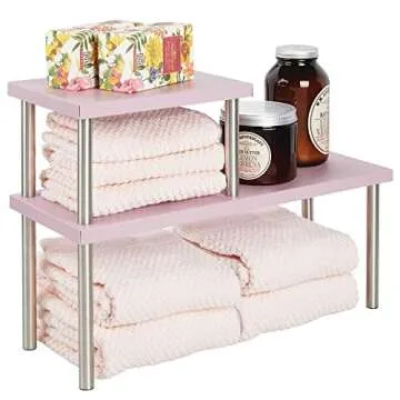 mDesign Modern Metal 3-Tier Kitchen Countertop and Pantry Cabinet Storage Shelf Organizer Stand for Storing Mugs, Bowls, Spices, Baking Supplies - Free Standing, 2 Shelves - Blush Pink/Brushed