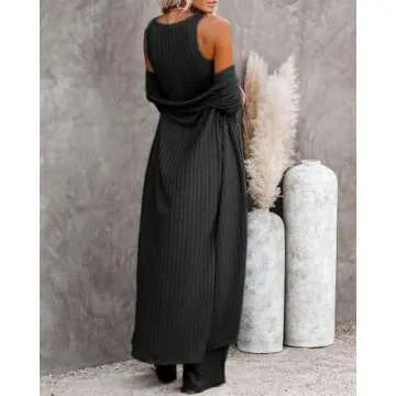 Fessceruna Womens 3 Piece Lounge Sets Pajamas Knit Long Sleeve Cardigan Crop Top Wide Leg Pants Loungewear Set