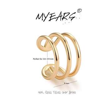 MYEARS Women Ear Cuff Earring Gold Non Pierced Ear Cartilage 3 Split Stripe Band Clip on Wrap Hoop 14K Gold Filled Tiny Boho Simple Minimalist Delicate Handmade Hypoallergenic Geometric Jewelry Gift