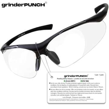 grinderPUNCH Full Lens Magnification Safety Glasses with Black Frame | Clear Lens | | Magnifying Reading Eyewear (+2.00 Diopter)