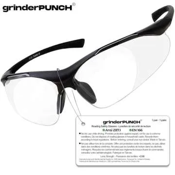 grinderPUNCH Full Lens Magnification Safety Glasses with Black Frame | Clear Lens | | Magnifying Reading Eyewear (+2.00 Diopter)