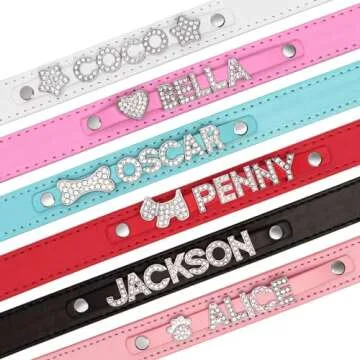 Didog Smooth PU Leather Custom Dog Collars with Rhinestone Personalized Name Letters, Fit Small Medium Dogs, Blue, XS