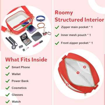 KETIEE Clear Bag for Stadium Events: Clear Crossbody Bag Stadium Approved Clear Purses for Women with Front Pocket Mesh Pouch and Adjustable Strap for Concerts Sports Festivals (Red)