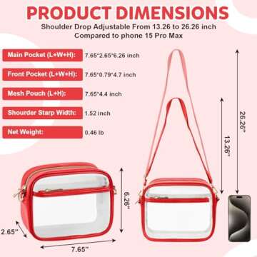 KETIEE Clear Bag for Stadium Events: Clear Crossbody Bag Stadium Approved Clear Purses for Women with Front Pocket Mesh Pouch and Adjustable Strap for Concerts Sports Festivals (Red)