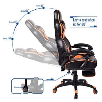 ARTETHYS Gaming Chair for Adults Ergonomic Racing Style High Back Computer Seating with Footrest Headrest and Lumbar Support PU Leather 90-150 Degree Tilt, Orange