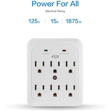 KMC Wall Surge Protector, 980 Joule, 6-Outle Wall Plug Adapter Power Strip, White(2 Pack)