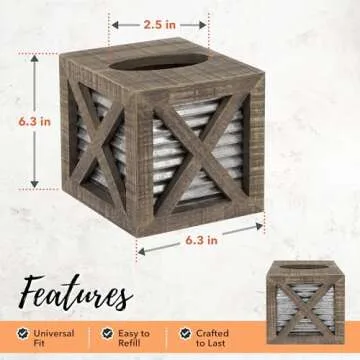 Autumn Alley Barn Door Rustic Square Farmhouse Tissue Box Cover, Farmhouse Bathroom Accessories, Rustic Bathroom Décor Tissue Holder, Wood Tissue Box Cover with Galvanized Decor
