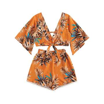 SweatyRocks Women's 2 Piece Boho Butterfly Sleeve Knot Front Crop Top with Shorts Set Tropical Orange S
