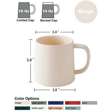 T-WARE 16 Oz Coffee Mugs, Matte Beige Mug Set of 4, Ceramic Mugs Coffee, Solid Color Coffee Cups Cer...