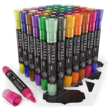 ARTEZA Liquid Chalk Markers, 42 Colors Pack with 50 Chalkboard Labels, Fine Tip Chalk Pens for Blackboard, Whiteboard, Windows, Mirrors, Glass
