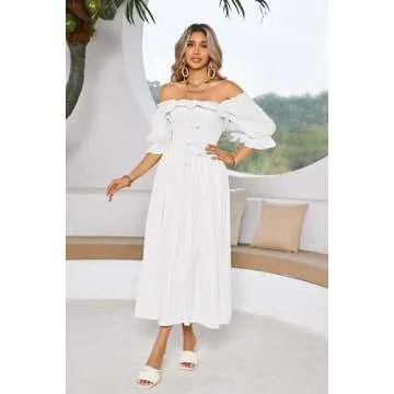R.Vivimos Women Summer Half Sleeve Cotton Ruffled Vintage Elegant Backless A Line Flowy Long Dresses (Small, White#2)