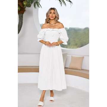 R.Vivimos Women Summer Half Sleeve Cotton Ruffled Vintage Elegant Backless A Line Flowy Long Dresses (Small, White#2)