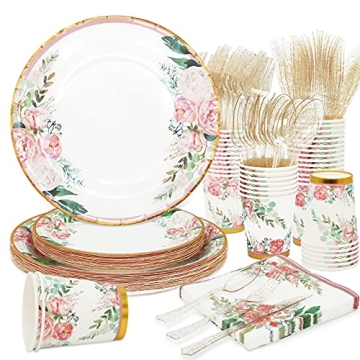 Floral Party Supplies bridal shower paper plates and Napkins Sets for 24 Guest-Floral Party Disposable Paper Dinner Plates,Cups,Knives, Spoons, Forks, for Baby Shower Birthday Bridal Shower Tea Party