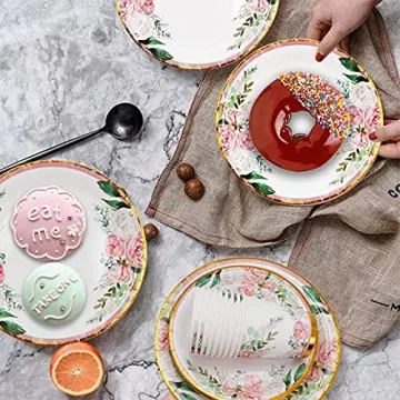 Floral Party Supplies bridal shower paper plates and Napkins Sets for 24 Guest-Floral Party Disposable Paper Dinner Plates,Cups,Knives, Spoons, Forks, for Baby Shower Birthday Bridal Shower Tea Party