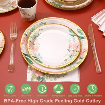 Floral Party Supplies bridal shower paper plates and Napkins Sets for 24 Guest-Floral Party Disposable Paper Dinner Plates,Cups,Knives, Spoons, Forks, for Baby Shower Birthday Bridal Shower Tea Party