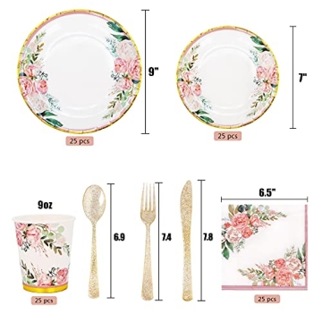 Floral Party Supplies bridal shower paper plates and Napkins Sets for 24 Guest-Floral Party Disposable Paper Dinner Plates,Cups,Knives, Spoons, Forks, for Baby Shower Birthday Bridal Shower Tea Party