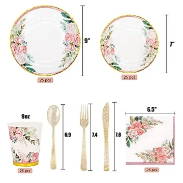 Floral Party Supplies bridal shower paper plates and Napkins Sets for 24 Guest-Floral Party Disposable Paper Dinner Plates,Cups,Knives, Spoons, Forks, for Baby Shower Birthday Bridal Shower Tea Party