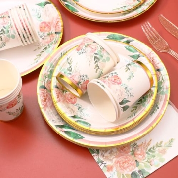 Floral Party Supplies bridal shower paper plates and Napkins Sets for 24 Guest-Floral Party Disposable Paper Dinner Plates,Cups,Knives, Spoons, Forks, for Baby Shower Birthday Bridal Shower Tea Party
