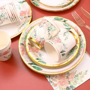Floral Party Supplies bridal shower paper plates and Napkins Sets for 24 Guest-Floral Party Disposable Paper Dinner Plates,Cups,Knives, Spoons, Forks, for Baby Shower Birthday Bridal Shower Tea Party