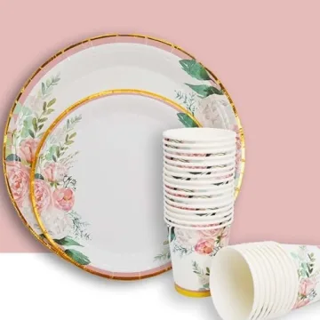 Floral Party Supplies bridal shower paper plates and Napkins Sets for 24 Guest-Floral Party Disposable Paper Dinner Plates,Cups,Knives, Spoons, Forks, for Baby Shower Birthday Bridal Shower Tea Party