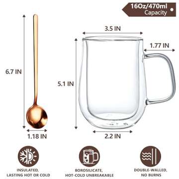 COMOME Double Walled Glass Coffee Mugs 16 OZ, Borosilicate Glass Coffee Cups Set of 4 with Spoons, I...